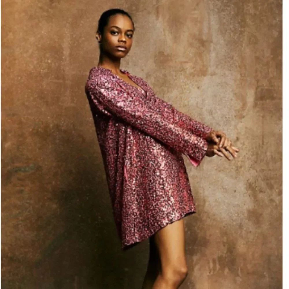 Free People - Selena Pink Sequin Shirtdress Pockets S